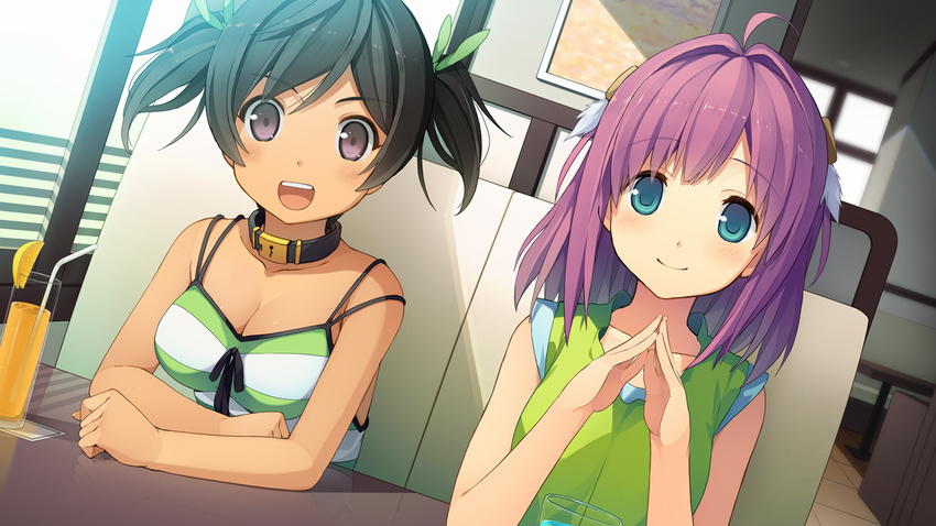 2girls akinashi_yuu ao_no_kanata_no_four_rhythm breasts choker cleavage game_cg ichinose_rika okoze_arika pink_hair ribbons short_hair