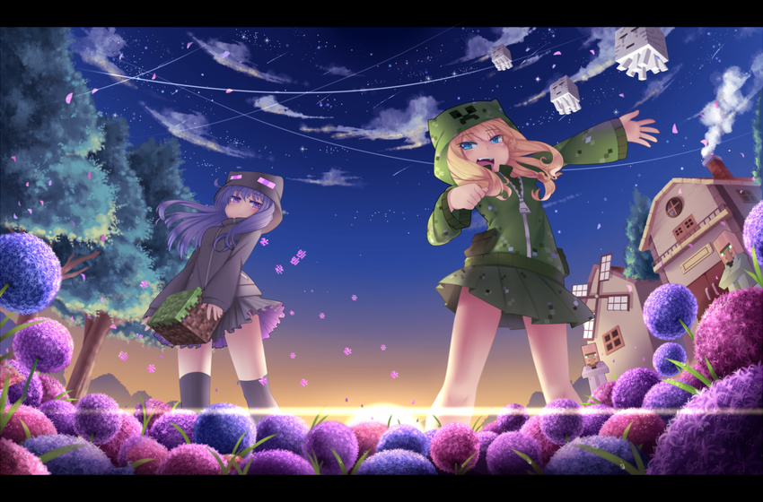 2girls anthropomorphism blonde_hair blue_eyes clouds creeper enderman flowers ghast hoodie long_hair minecraft nongqiling petals purple_eyes purple_hair skirt sky stars thighhighs tree villager_(minecraft) windmill