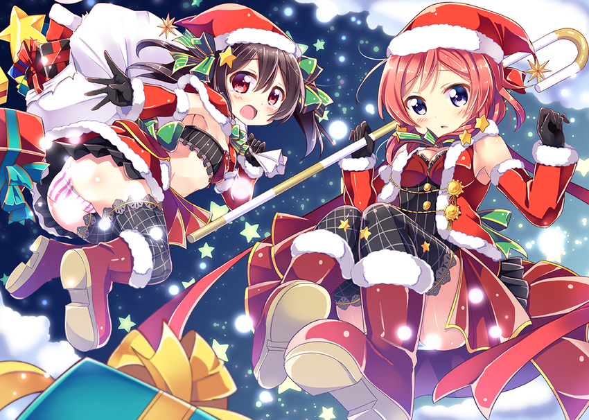 black_hair blush boots bow breasts christmas cleavage clouds gloves hat love_live!_school_idol_project nishikino_maki panties purple_eyes red_eyes red_hair ribbons short_hair skirt sky snow striped_panties tamaran thighhighs twintails underwear yazawa_nico