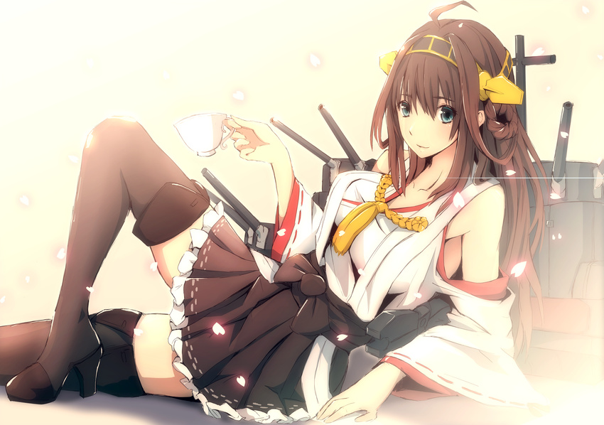 blue_eyes boots brown_hair drink japanese_clothes kantai_collection kongou_(kancolle) merontomari miko petals skirt thighhighs zettai_ryouiki