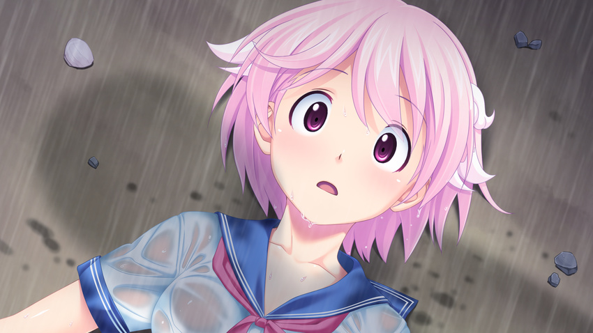 game_cg koutaro pink_hair purple_eyes rain see_through seifuku short_hair takara_ichiko tropical_vacation water wet