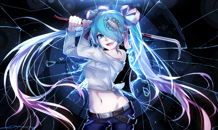 aqua_eyes aqua_hair bai_yemeng hatsune_miku karune_ca long_hair navel ribbons twintails vocaloid weapon