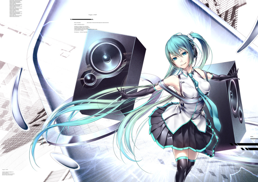 aqua_eyes aqua_hair elbow_gloves hatsune_miku long_hair oki_(koi0koi) skirt tie twintails vocaloid zettai_ryouiki