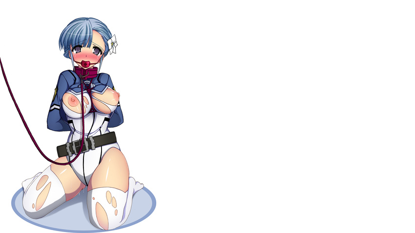 blue_hair blush bondage breasts collar fin_e_ld_si_laffinty flowers gag gray_eyes nipples rinne_no_lagrange short_hair skintight stockings thighhighs torn_clothes white yuzumizamono