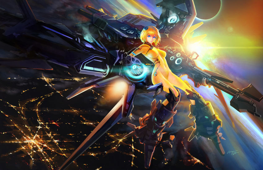 blonde_hair blue_eyes bodysuit city gun mecha mechagirl original shitub52 short_hair skintight weapon