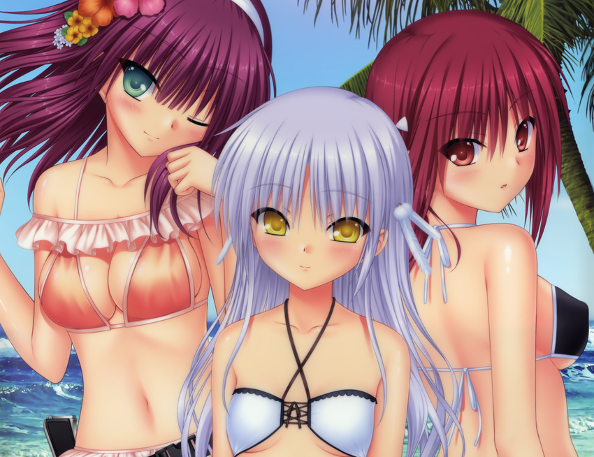 angel_beats! bikini cropped gray_eyes iwasawa_masami na-ga nakamura_yuri purple_hair red_eyes red_hair scan swimsuit tachibana_kanade yellow_eyes