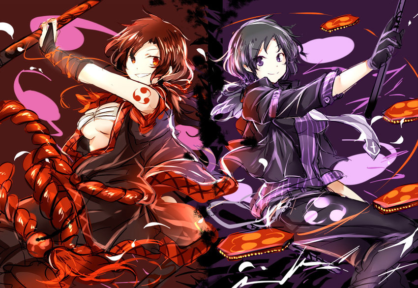 2girls black_hair breasts gloves horikawa_raiko instrument open_shirt purple_eyes red_eyes red_hair sarashi shigureru tattoo tie touhou underboob