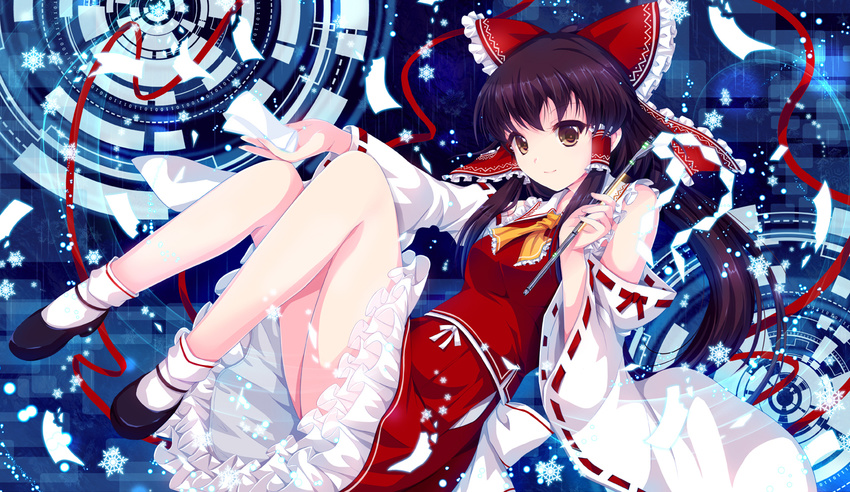 bow brown_eyes brown_hair cetera hakurei_reimu japanese_clothes long_hair miko ofuda skirt socks touhou twintails