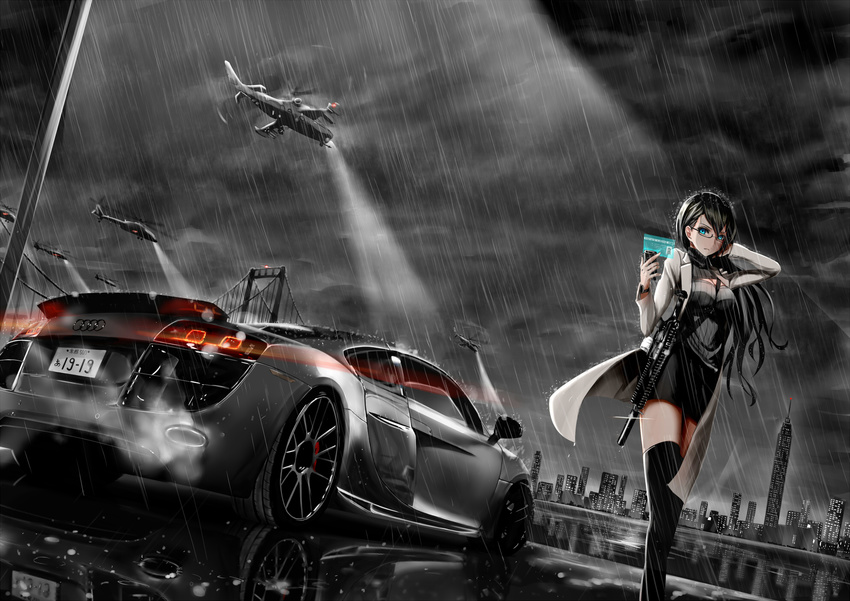 aircraft black_hair blue_eyes car city clouds combat_vehicle glasses gun long_hair original phone polychromatic rain shijiu_(adamhutt) skirt sky thighhighs water weapon zettai_ryouiki