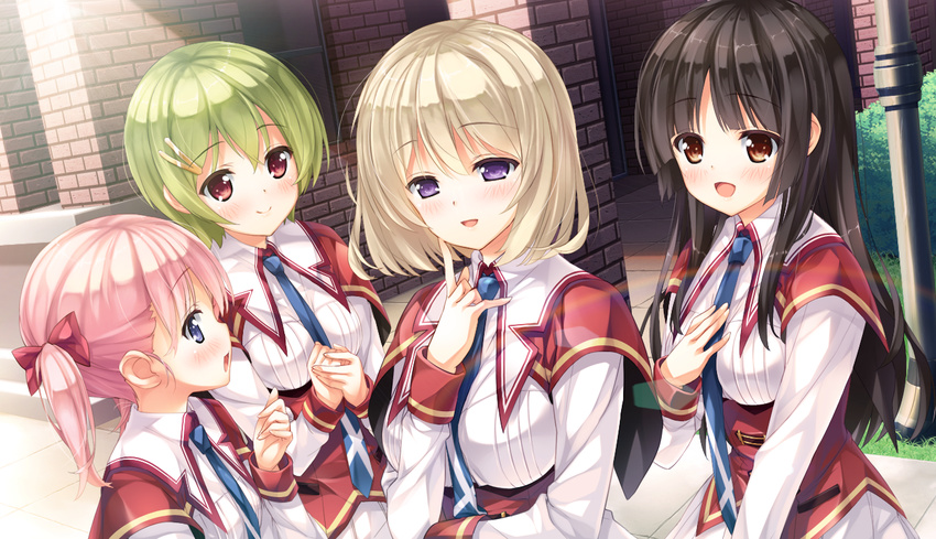 ashishun black_hair blue_eyes blush brown_eyes game_cg green_hair group kanna_kana kuragano_sera long_hair pink_hair primal_x_hearts purple_eyes red_eyes seifuku short_hair tagme_(character) tie