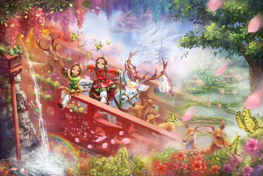 2girls animal bell brown_hair building butterfly dragon fish flowers instrument landscape miyai_haruki original petals rainbow scenic tree twintails water waterfall