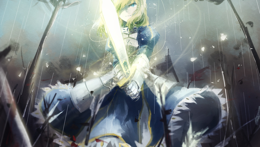 armor blonde_hair blue_eyes domik dress fate/stay_night fate/zero long_hair rain saber sword water weapon