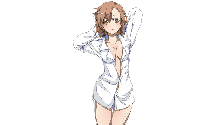 breasts brown_eyes brown_hair misaka_imouto naked_shirt no_bra nopan open_shirt shirt to_aru_kagaku_no_railgun to_aru_majutsu_no_index touryou white