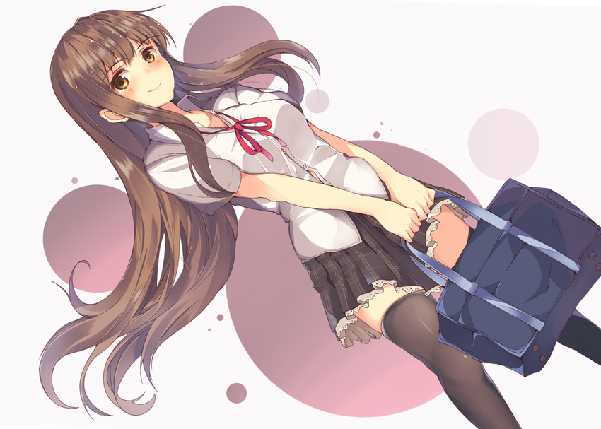 brown_eyes brown_hair long_hair mikususannda original seifuku skirt thighhighs