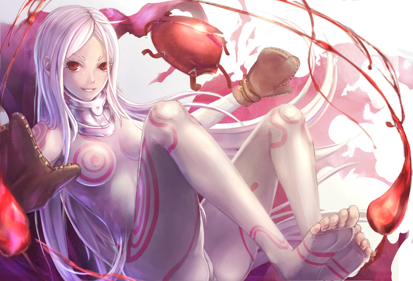 blood bodysuit breasts deadman_wonderland gloves long_hair red_eyes shiro_(deadman_wonderland) white_hair yazuwo