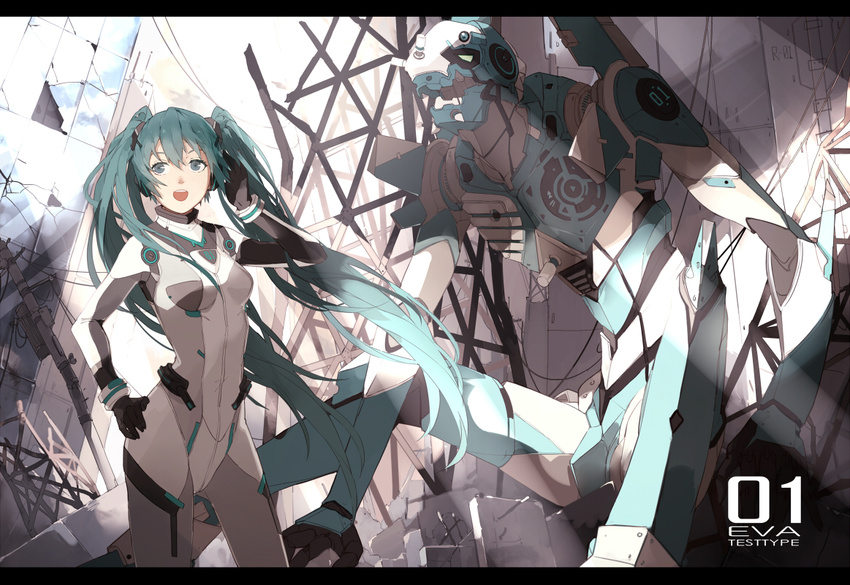 aqua_eyes aqua_hair bodysuit crossover hatsune_miku long_hair mecha neon_genesis_evangelion nine_(liuyuhao1992) skintight twintails vocaloid