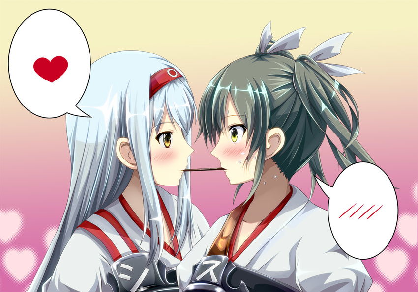 2girls blush bow green_eyes green_hair headband inoshira jpeg_artifacts kantai_collection long_hair pocky ribbons shoujo_ai shoukaku_(kancolle) twintails white_hair yellow_eyes zuikaku_(kancolle)