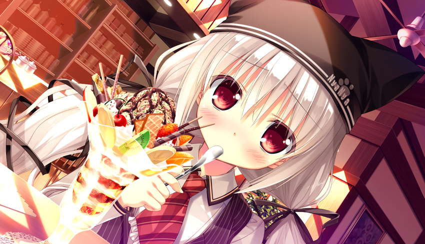 ashishun blush food fruit game_cg ice_cream long_hair primal_x_hearts red_eyes strawberry tenjindaira_haruhi white_hair