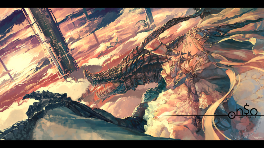 blonde_hair blue_eyes clouds dragon garuku instrument original pointed_ears