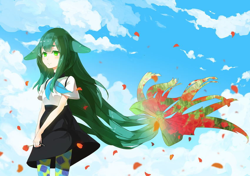 blush bow clouds flowers gatchaman_crowds green_eyes green_hair long_hair pantyhose petals ribbons skirt sky tagme_(artist) utsu-tsu