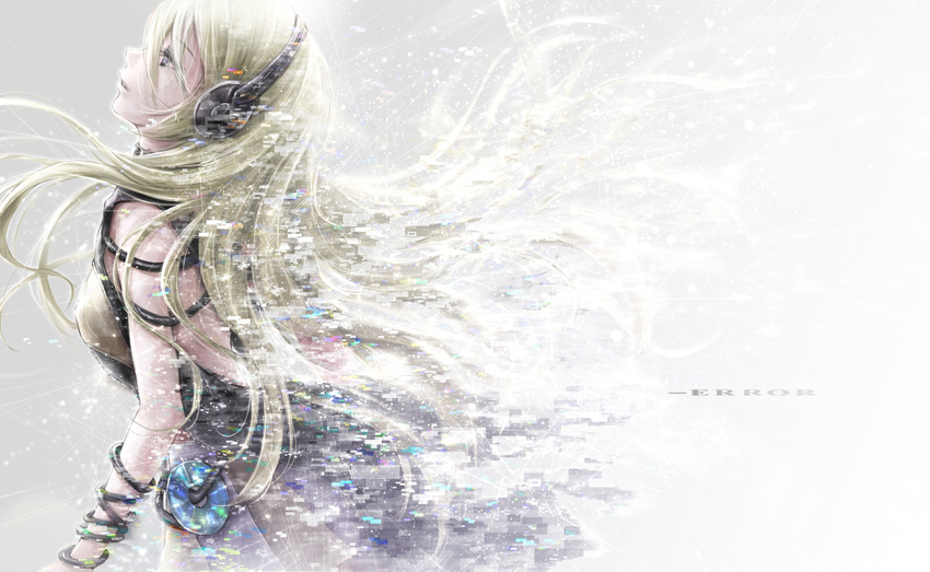 blonde_hair brown_dress cd commentary_request digital_dissolve dress from_side headphones lily_(vocaloid) long_hair nuwanko parted_lips solo vocaloid wristband