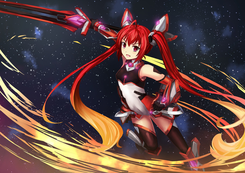 dance_of_eternity genderswap long_hair mitsuka_souji ore_twintail_ni_narimasu red_eyes red_hair skintight sword tail_red thighhighs twintails weapon