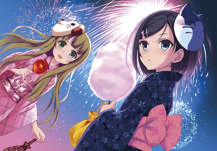 2girls apple azuki_azusa black_hair blonde_hair blue_eyes bow candy fireworks fruit green_eyes hentai_ouji_to_warawanai_neko japanese_clothes long_hair mask sasakawa_arumi short_hair tsutsukakushi_tsukiko yukata