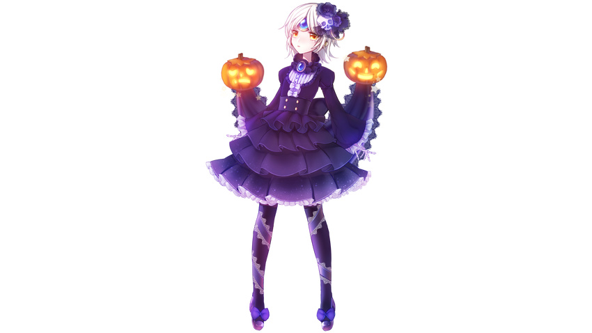 chota93 dress elsword eve_(elsword) goth-loli halloween pumpkin ribbons short_hair skirt skull stockings transparent white_hair yellow_eyes