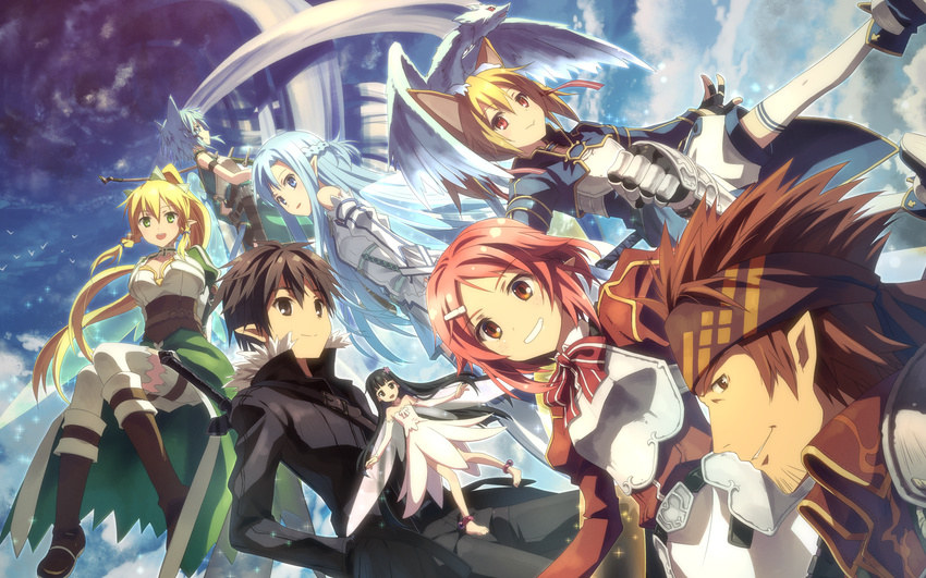 6+girls :d animal_ears asuna_(sao) asuna_(sao-alo) belt black_eyes black_hair blonde_hair blue_eyes blue_hair blush boots breastplate brown_eyes brown_hair cat_ears dragon dutch_angle elf everyone fairy fairy_wings fake_animal_ears gauntlets grin hair_ornament hair_ribbon headband highres kirito kirito_(sao-alo) klein klein_(sao-alo) leafa lisbeth lisbeth_(sao-alo) long_hair looking_at_viewer multiple_boys multiple_girls open_mouth pina_(sao) pink_hair pointy_ears ponytail red_eyes ribbon scan short_hair silica silica_(sao-alo) sinon sinon_(sao-alo) sky smile sword_art_online thighhighs wallpaper white_legwear wings yui_(sao) yui_(sao-alo) yuuki_tatsuya