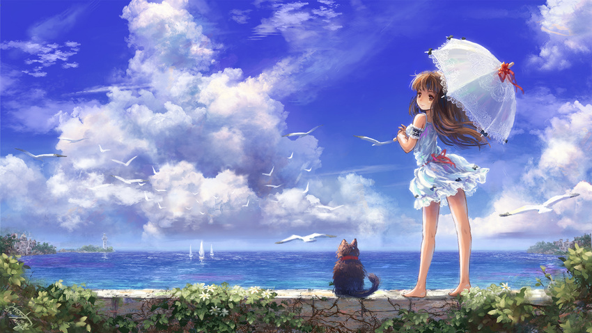 animal barefoot bird boat brown_eyes brown_hair cat clouds dress long_hair miyai_haruki original ribbons signed sky umbrella water