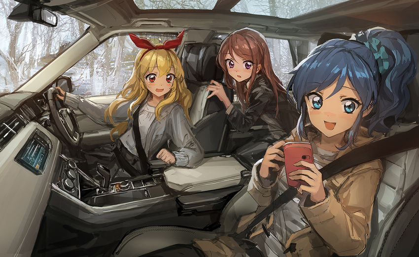 aikatsu! blonde_hair blue_hair blush brown_hair car headband hoshimiya_ichigo kiriya_aoi lm7_(op-center) long_hair phone pink_eyes ponytail red_eyes shibuki_ran