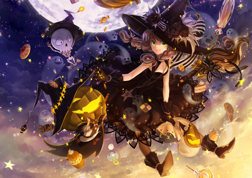 braids brown_hair cake candy cross dress food gloves green_eyes halloween hat huazha01 long_hair moon necklace night original pumpkin skull stars twintails witch_hat