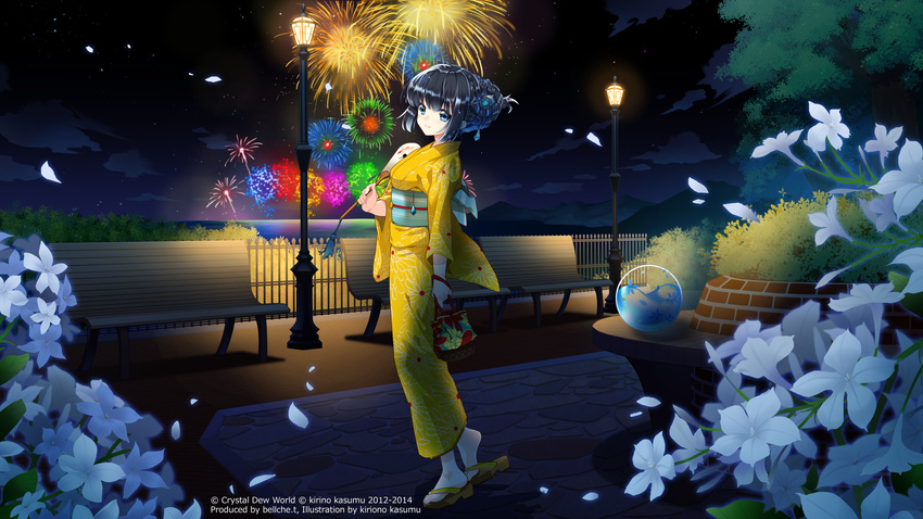 black_hair blue_eyes crystal_dew_world fireworks japanese_clothes kirino_kasumu night petals suishou_shizuku summer watermark yukata