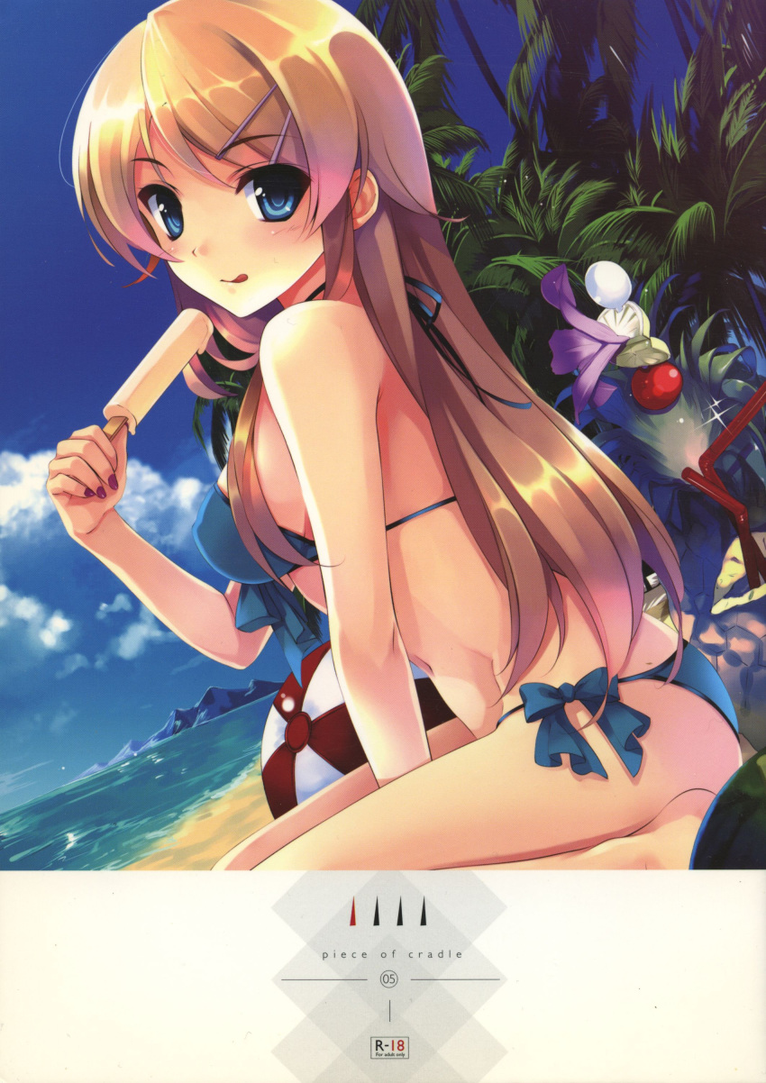 1girl absurdres ball bangs bare_shoulders beachball bikini blonde_hair blue_eyes blue_sky blush breasts cloud day drinking_straw eyebrows_visible_through_hair fingernails food from_side hair_ornament hairclip highres holding island kousaka_kirino long_hair looking_at_viewer medium_breasts misaki_kurehito nail_polish navel ocean ore_no_imouto_ga_konna_ni_kawaii_wake_ga_nai outdoors palm_leaf palm_tree popsicle scan side-tie_bikini sitting sky smile solo stomach swimsuit tongue tongue_out tree water