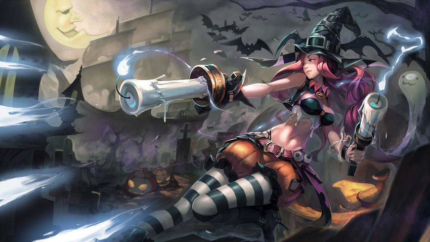 animal bat cross halloween hat iorlvm league_of_legends long_hair moon navel pantyhose pumpkin red_hair sarah_fortune shorts wings witch_hat