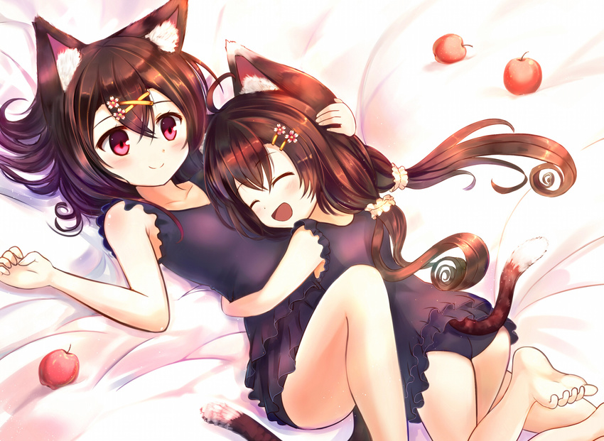 2girls animal_ears apple brown_hair catgirl fruit original sakura_ani shoujo_ai swimsuit tail