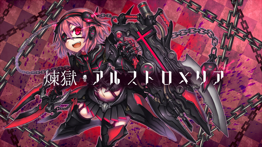 armor chain eyepatch fang gia headband mechagirl navel original pink_hair red_eyes short_hair thighhighs weapon