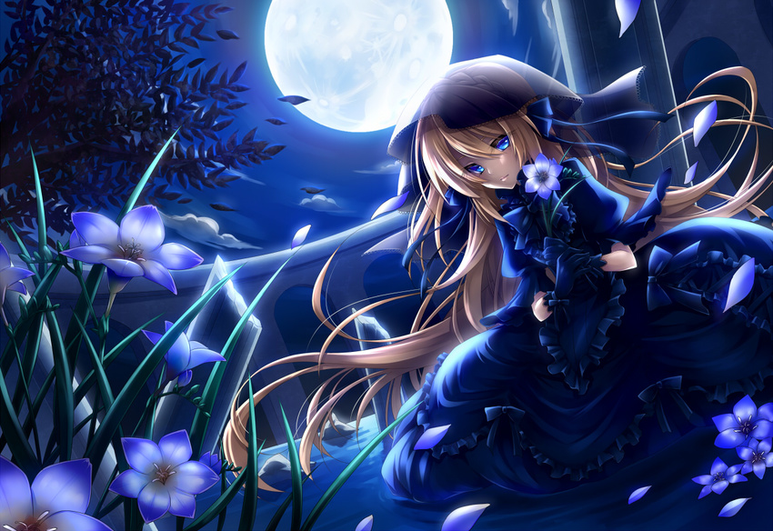 blue_eyes dress flowers gloves goth-loli lolita_fashion long_hair moon night original ueno_tsuki