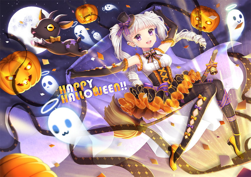 bell bow dress elbow_gloves halloween halo hat long_hair moon original pumpkin purple_eyes ribbons saban thighhighs twintails white_hair witch