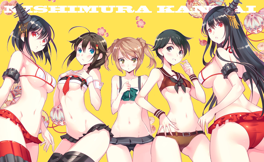 ass bikini black_hair blue_eyes breasts brown_hair fusou_(kancolle) green_eyes kantai_collection long_hair michishio_(kancolle) mogami_(kancolle) navel nishimura_eri red_eyes shigure_(kancolle) short_hair skirt swimsuit thighhighs twintails underboob yamashiro_(kancolle)