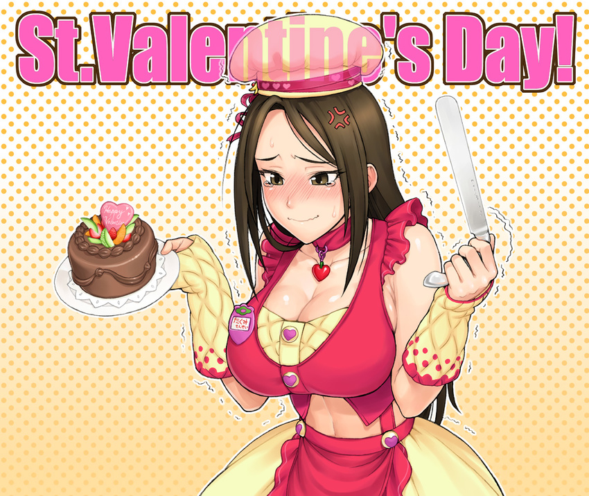 bang-you black_eyes black_hair blush breasts cake cleavage food idolmaster mukai_takumi necklace parody tears valentine wristwear