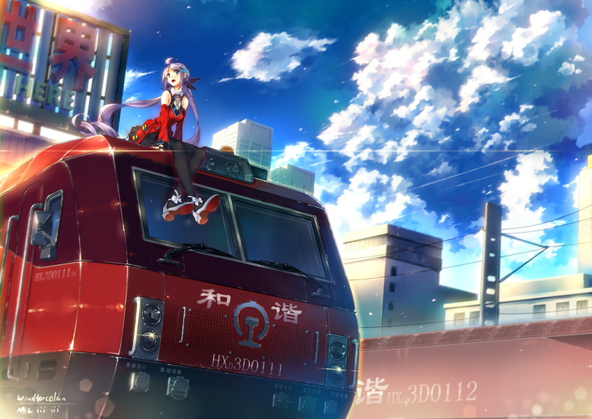 blue_eyes clouds long_hair mkiiiiii_(chuanxcc) original pantyhose pink_hair scenic signed sky train twintails windforcelan