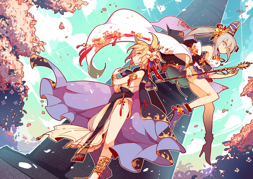 2girls boots brown_hair cape flowers gray_hair hat long_hair mononobe_no_futo petals short_hair sword touhou toyosatomimi_no_miko twintails weapon yetworldview_kaze