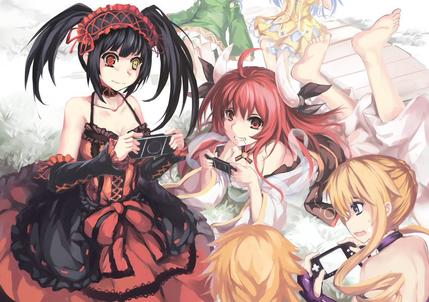 bicolored_eyes black_hair blonde_hair blue_eyes collar date_a_live game_console gloves goth-loli headdress horns itsuka_kotori izayoi_miku long_hair lu_hao_liang red_eyes red_hair ribbons tokisaki_kurumi twins twintails yamai_kaguya yamai_yuzuru yoshino_(date_a_live)