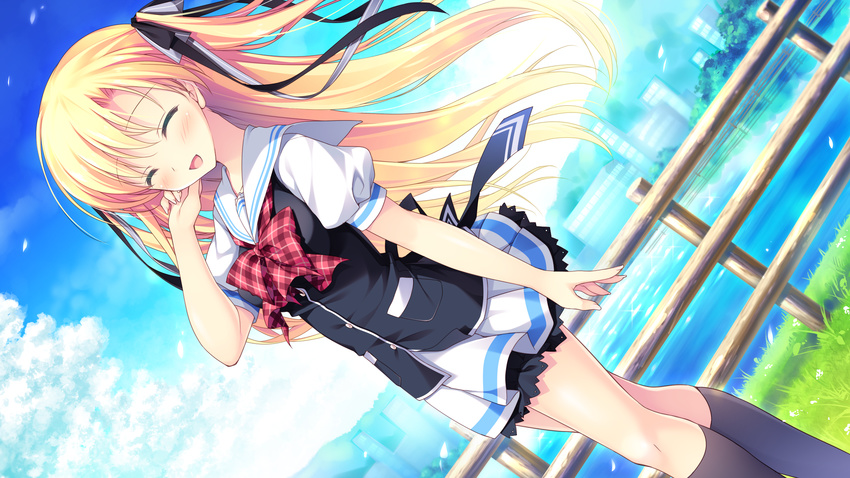 alcot blonde_hair blush bow chibana_ryouka game_cg kimi_no_tonari_de_koishiteru! kneehighs long_hair motomiya_mitsuki petals ribbons seifuku skirt water