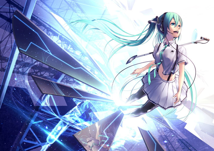 aqua_eyes aqua_hair hatsune_miku headphones long_hair oki_(koi0koi) pantyhose seifuku skirt tie twintails vocaloid