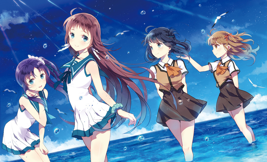 animal bird black_hair blue_eyes blue_hair brown_eyes brown_hair domotolain dress group hiradaira_chisaki hisanuma_sayu long_hair mukaido_manaka nagi_no_asukara ponytail seifuku shiodome_miuna water wristwear