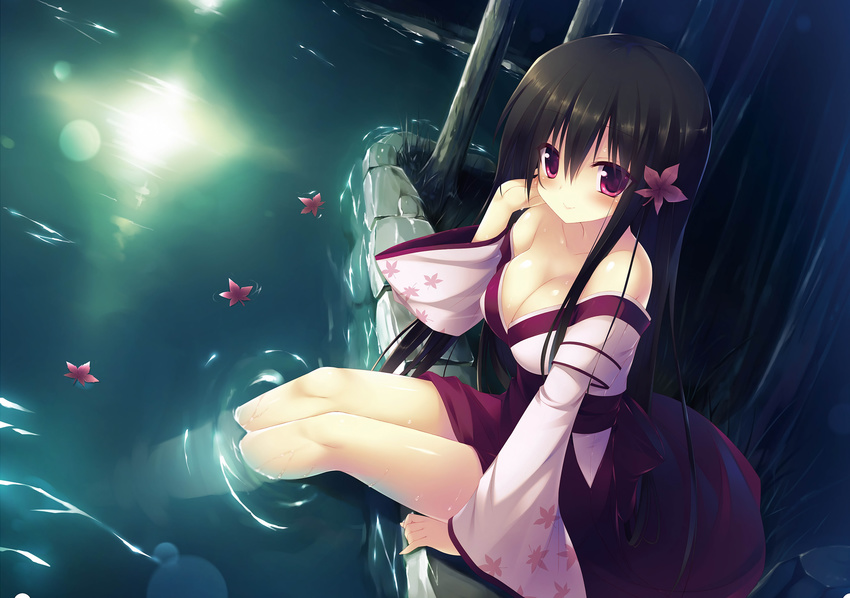 ani black_hair breasts cleavage japanese_clothes kotone leaves long_hair night no_bra purple_eyes softhouse-seal_grandee water zettai_saikyou_oppai_sensou