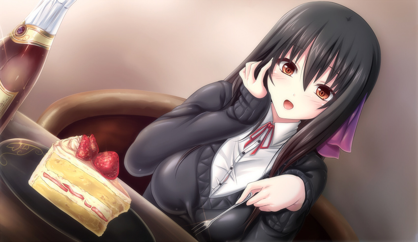 black_hair blush cake drink food fruit long_hair orange_eyes original strawberry uro_(uroboros)