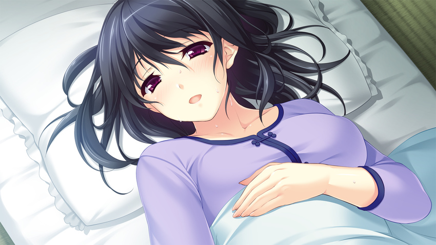 ayase_hazuki bed black_hair blush game_cg kamidere long_hair ooguro_miho purple_eyes